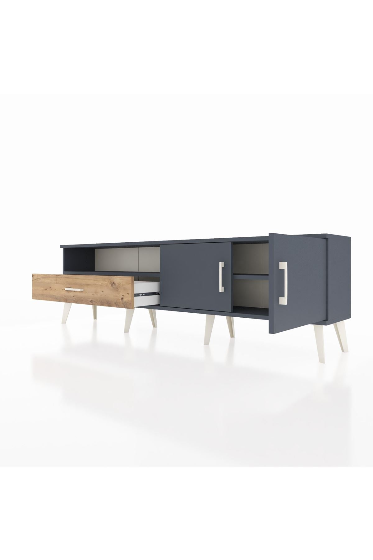 Arges TV Ünitesi 2 Raflı Tek Çekmeceli 2 Kapaklı 176x30x51 Antrasit-Antrasit/Çam