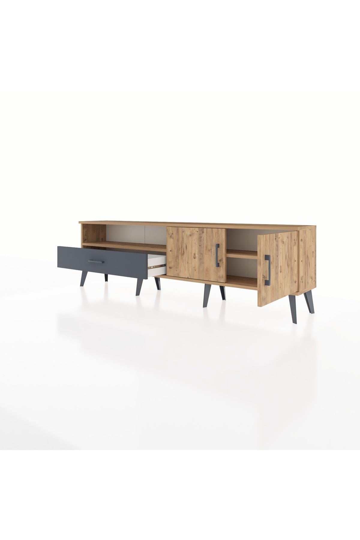 Arges TV Ünitesi 2 Raflı Tek Çekmeceli 2 Kapaklı 176x30x51 Çam-Çam/Antrasit