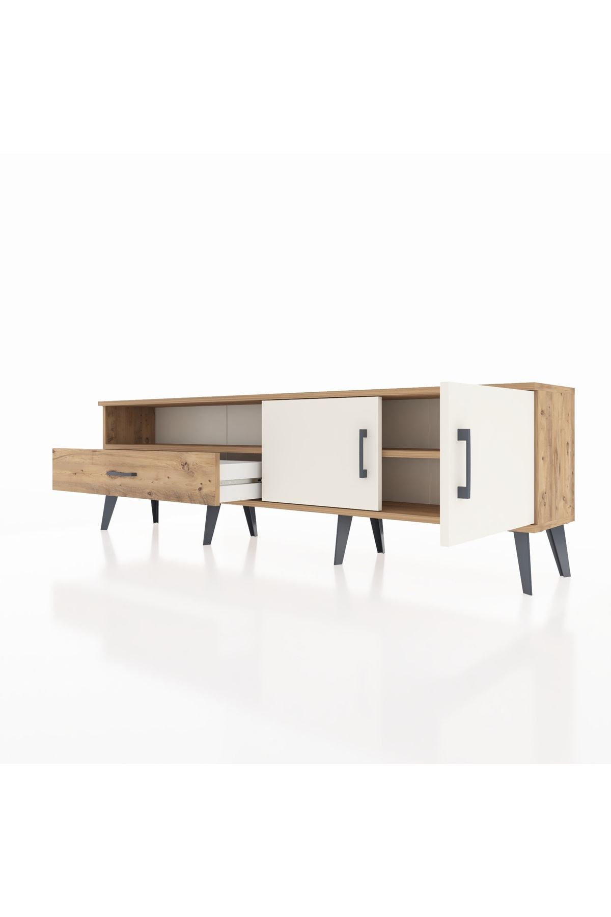 Arges TV Ünitesi 2 Raflı Tek Çekmeceli 2 Kapaklı 176x30x51 Çam-Aytaşı/Çam