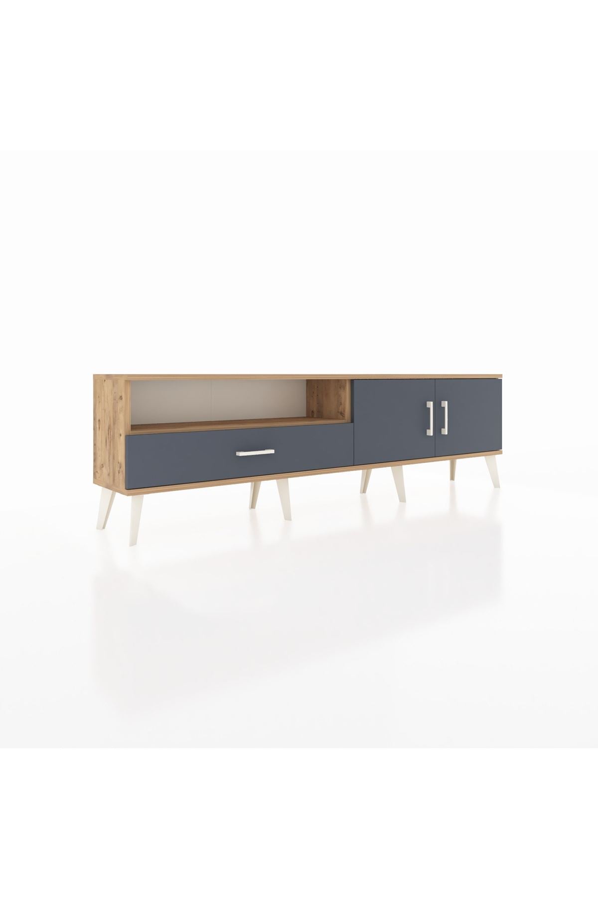 Arges TV Ünitesi 2 Raflı Tek Çekmeceli 2 Kapaklı 176x30x51 Çam-Antrasit/Antrasit