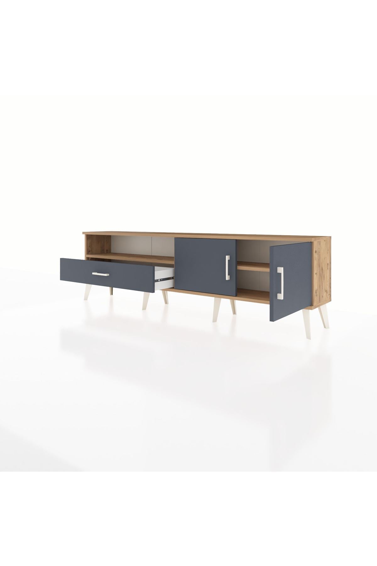 Arges TV Ünitesi 2 Raflı Tek Çekmeceli 2 Kapaklı 176x30x51 Çam-Antrasit/Antrasit