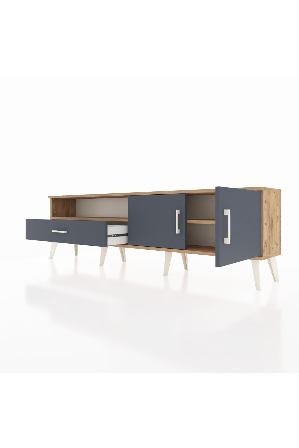 Arges TV Ünitesi 2 Raflı Tek Çekmeceli 2 Kapaklı 176x30x51 Çam-Antrasit/Antrasit