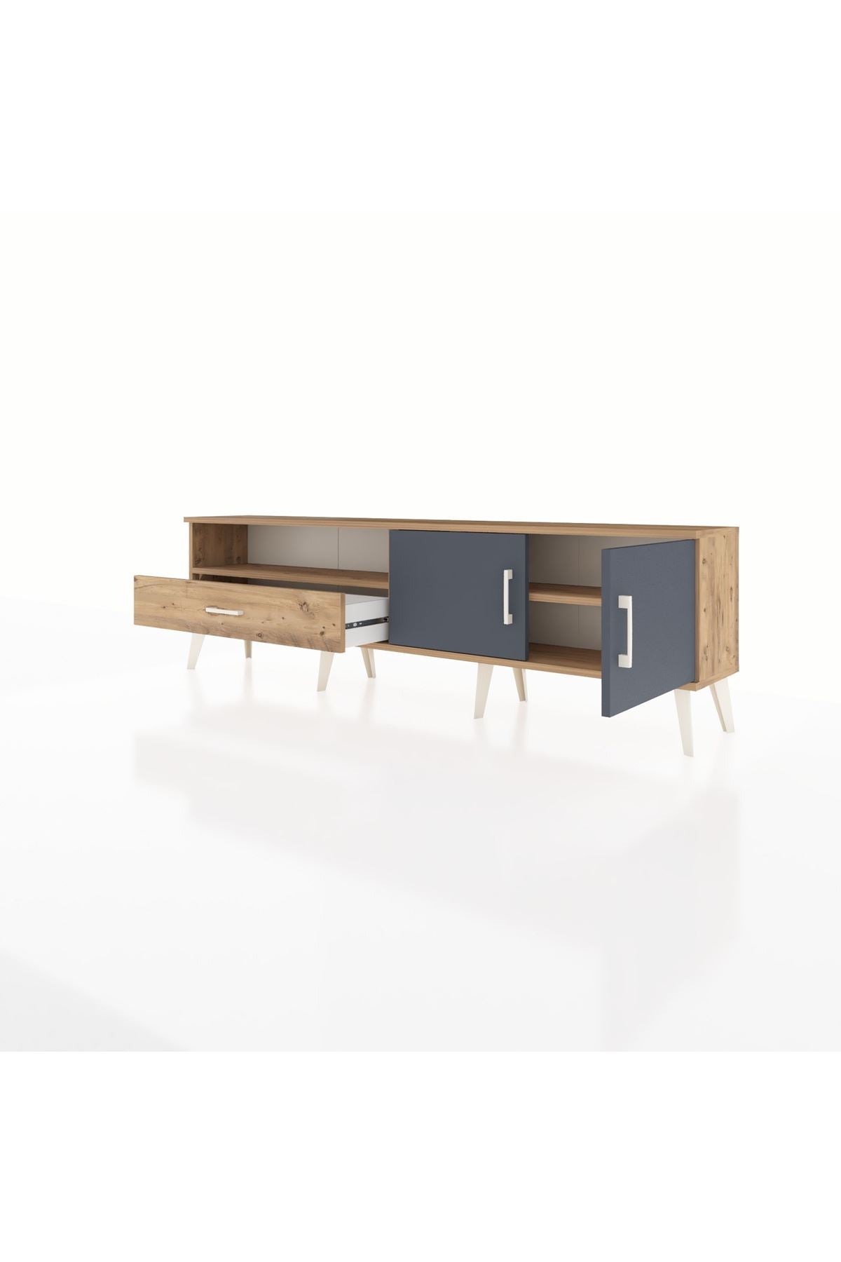 Arges TV Ünitesi 2 Raflı Tek Çekmeceli 2 Kapaklı 176x30x51 Çam-Antrasit/Çam