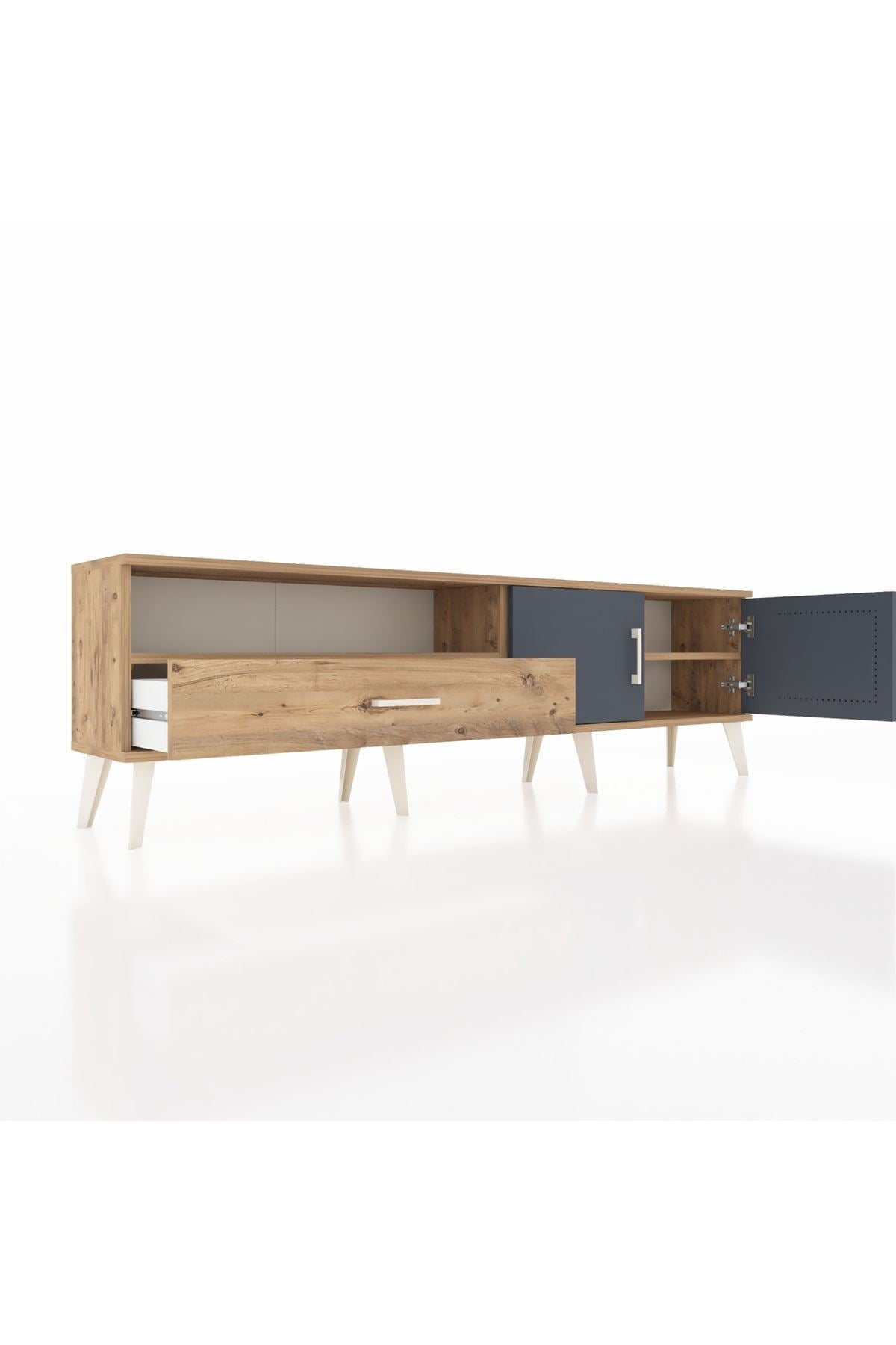 Arges TV Ünitesi 2 Raflı Tek Çekmeceli 2 Kapaklı 176x30x51 Çam-Antrasit/Çam