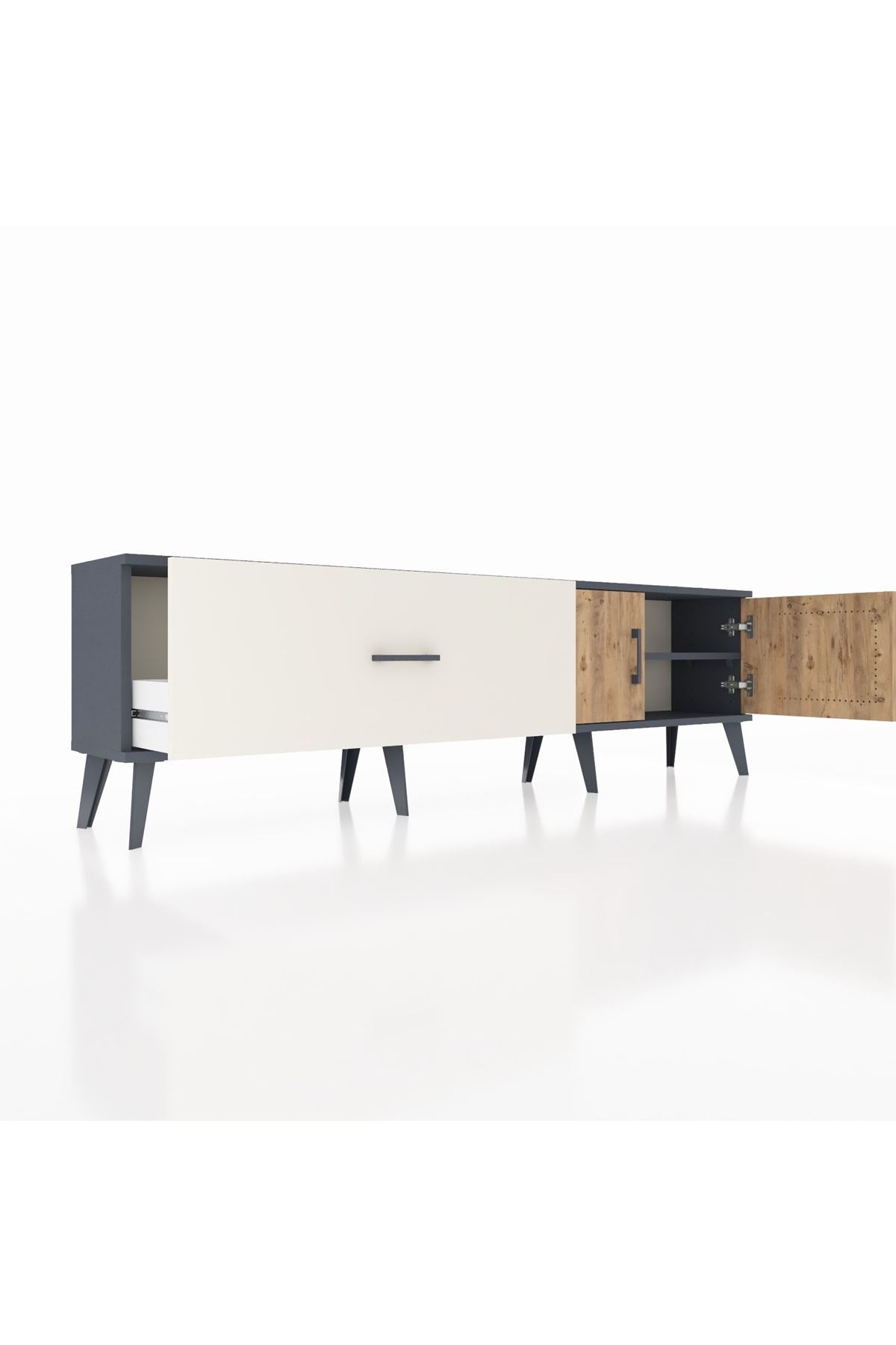 Arges TV Ünitesi Tek Raflı Tek Çekmeceli 2 Kapaklı 176x30x51 Antrasit-Çam/Aytaşı