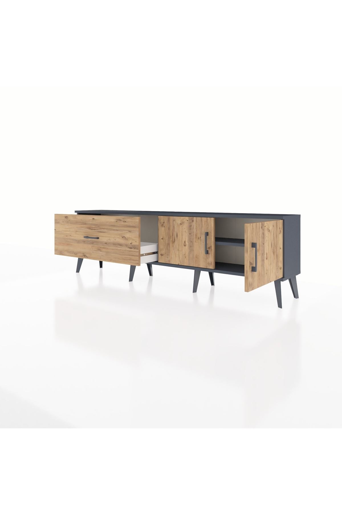 Arges TV Ünitesi Tek Raflı Tek Çekmeceli 2 Kapaklı 176x30x51 Antrasit-Çam/Çam