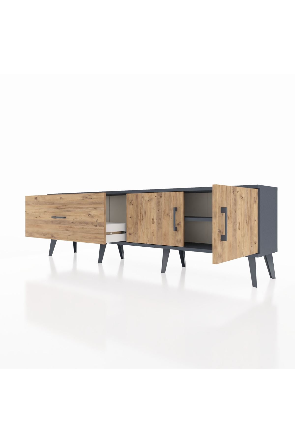 Arges TV Ünitesi Tek Raflı Tek Çekmeceli 2 Kapaklı 176x30x51 Antrasit-Çam/Çam