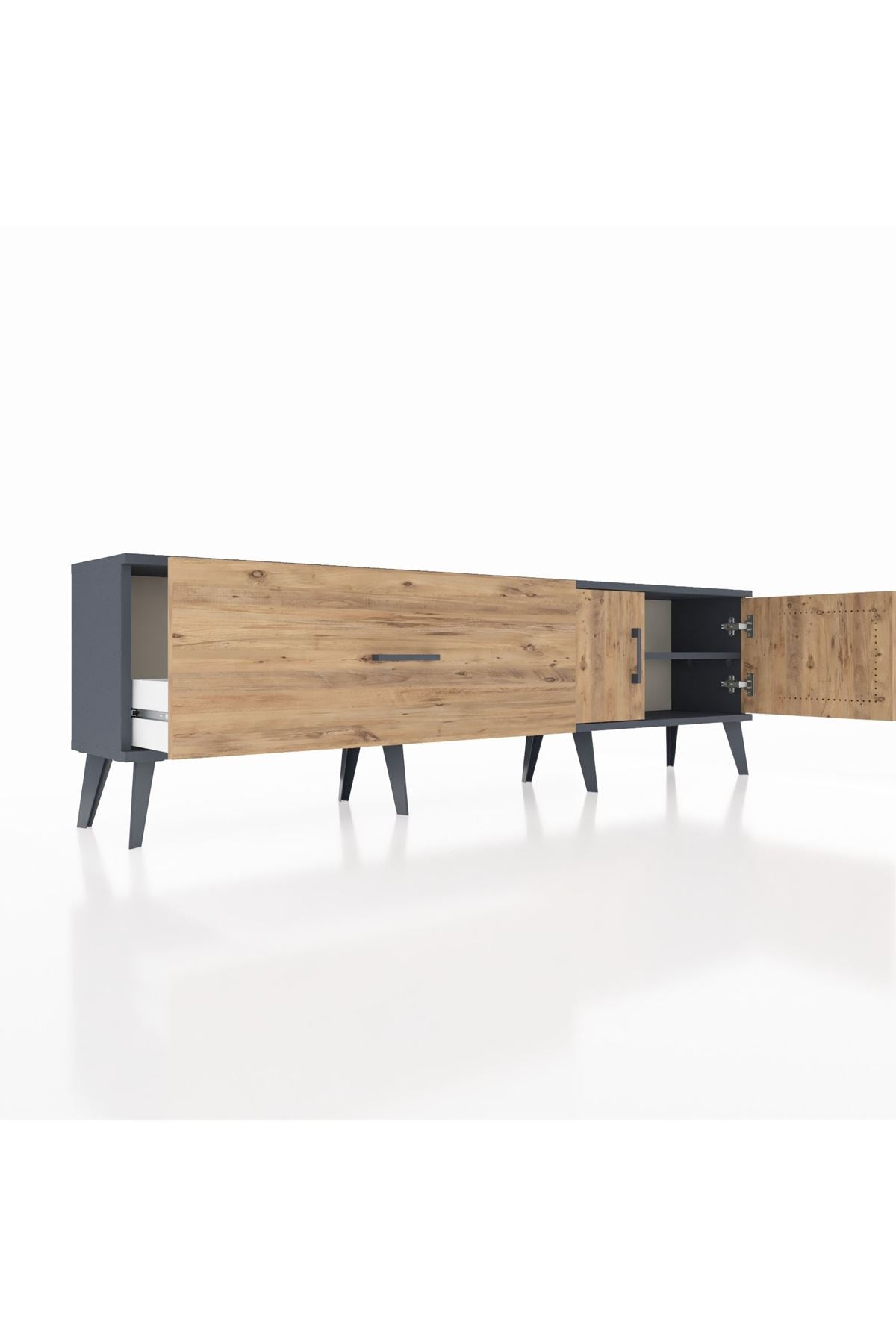 Arges TV Ünitesi Tek Raflı Tek Çekmeceli 2 Kapaklı 176x30x51 Antrasit-Çam/Çam