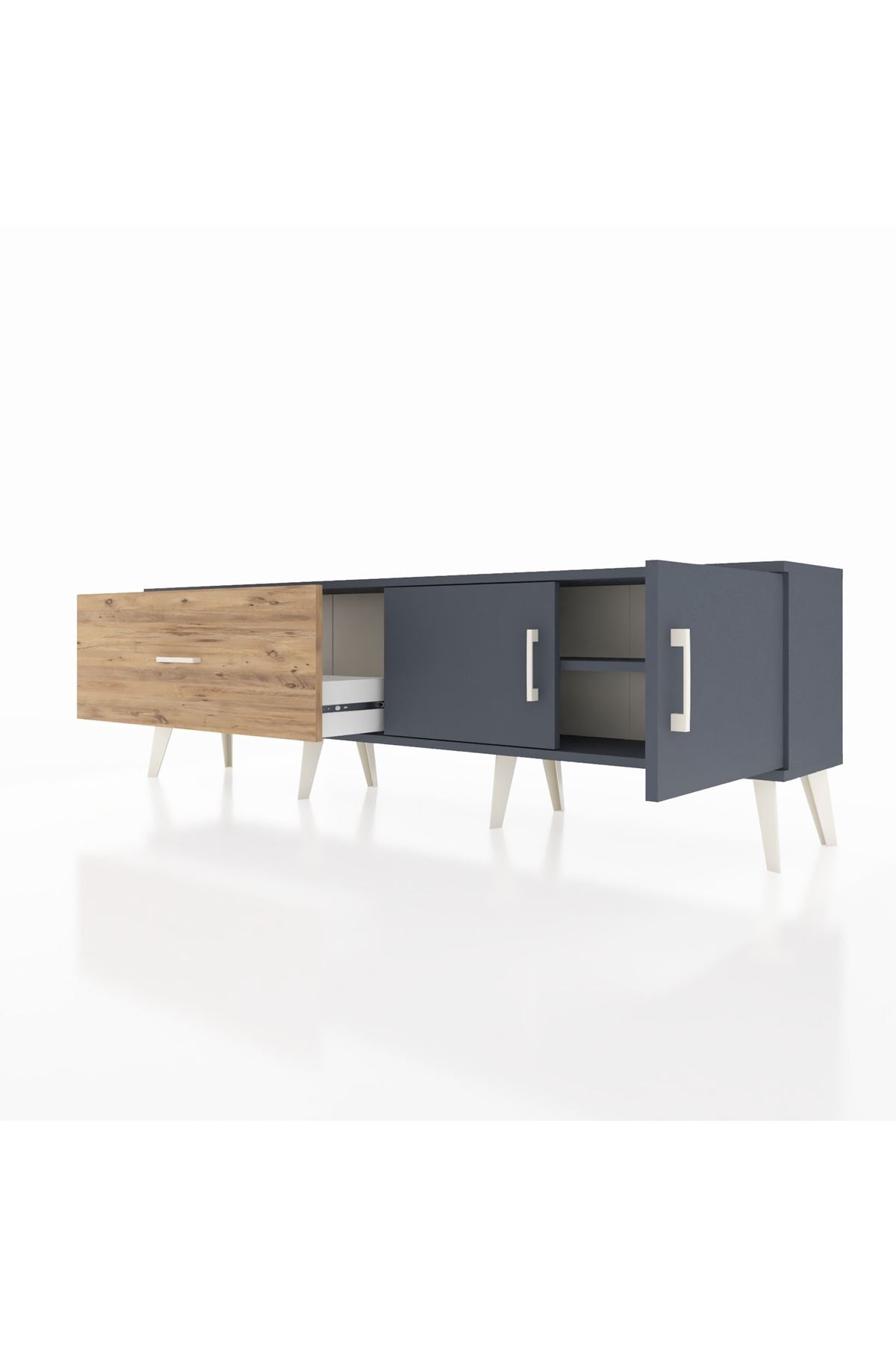 Arges TV Ünitesi Tek Raflı Tek Çekmeceli 2 Kapaklı 176x30x51 Antrasit-Antrasit/Çam