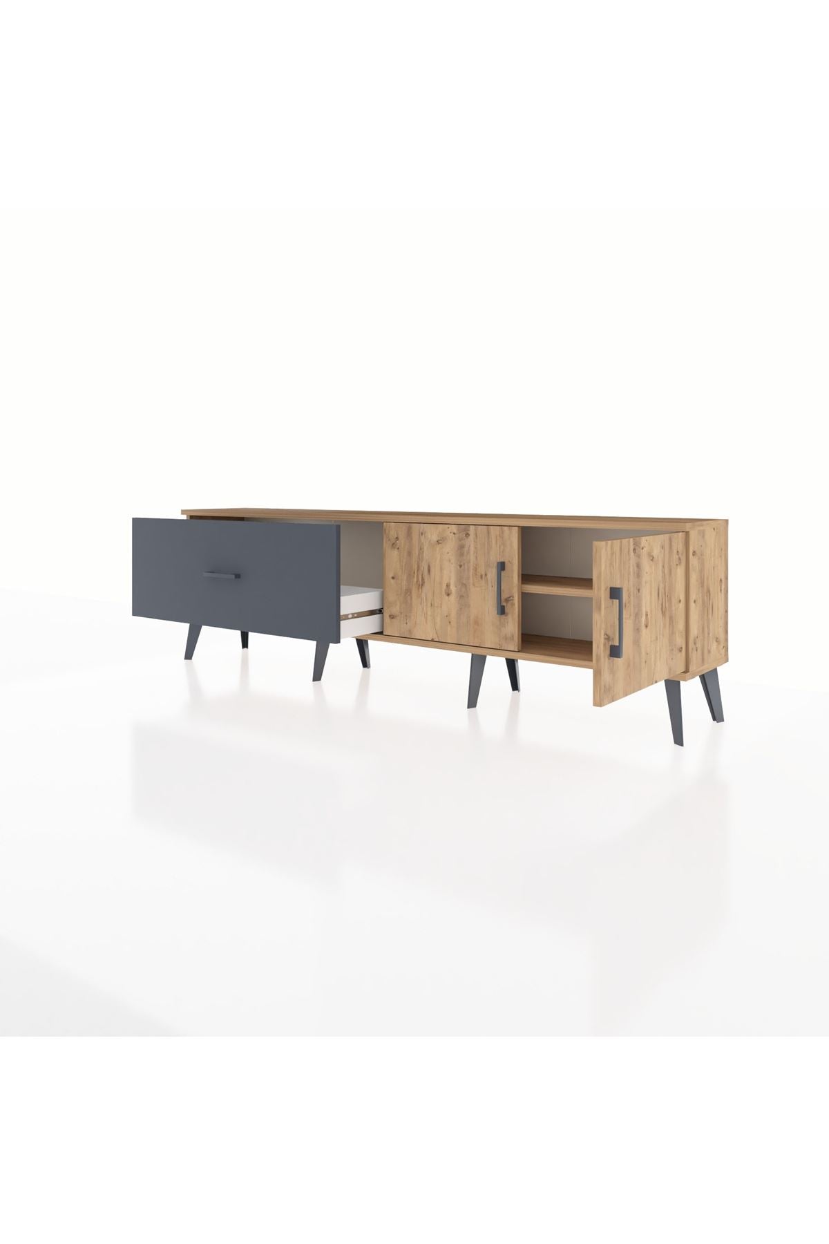 Arges TV Ünitesi Tek Raflı Tek Çekmeceli 2 Kapaklı 176x30x51 Çam-Çam/Antrasit