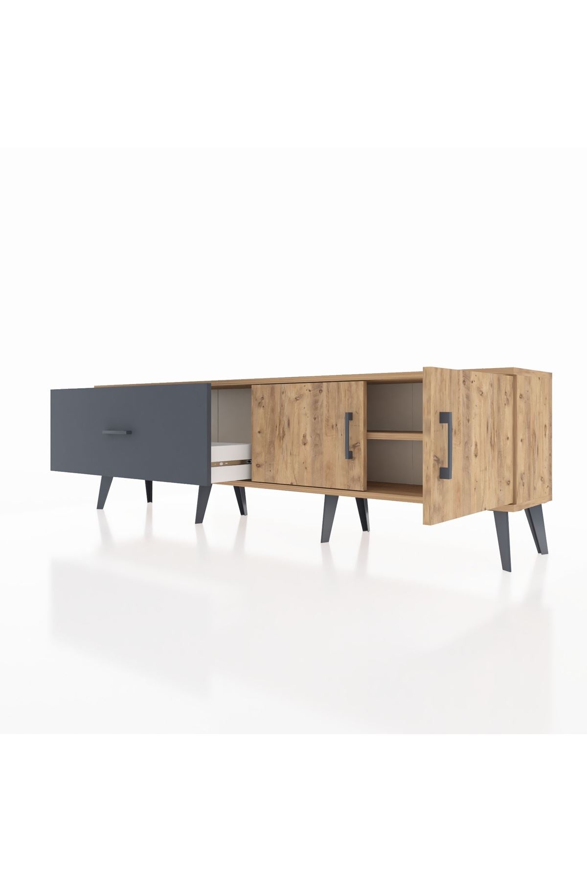 Arges TV Ünitesi Tek Raflı Tek Çekmeceli 2 Kapaklı 176x30x51 Çam-Çam/Antrasit