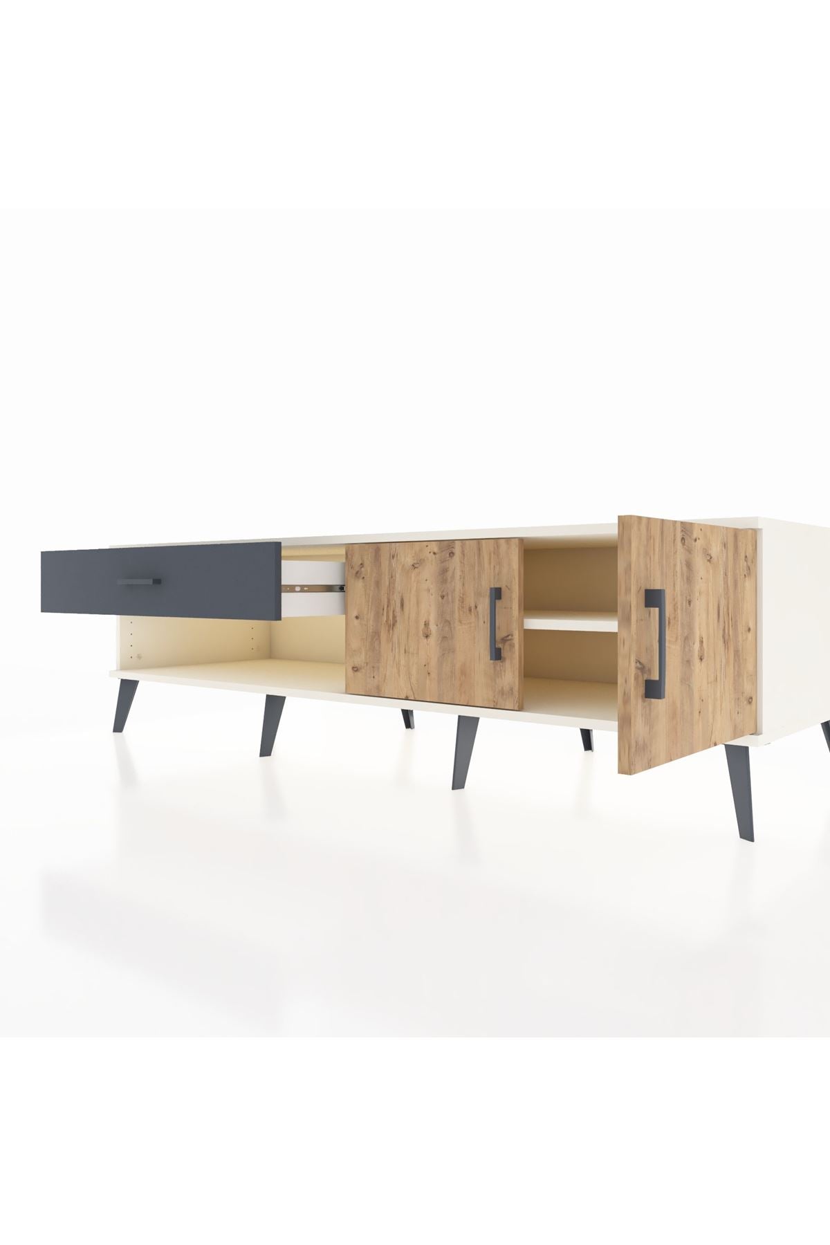 Kronos TV Ünitesi Tek Raflı Tek Çekmeceli 2 Kapaklı 176x59x51 Aytaşı-Çam/Antrasit