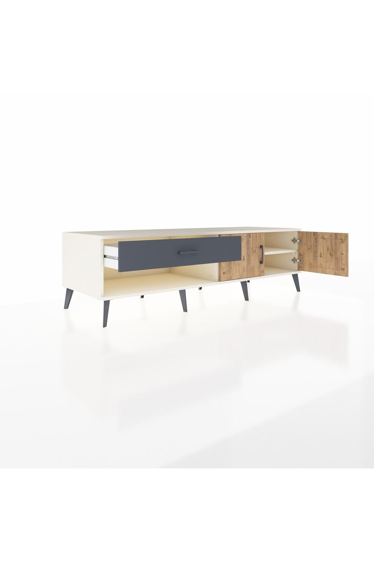 Kronos TV Ünitesi Tek Raflı Tek Çekmeceli 2 Kapaklı 176x59x51 Aytaşı-Çam/Antrasit