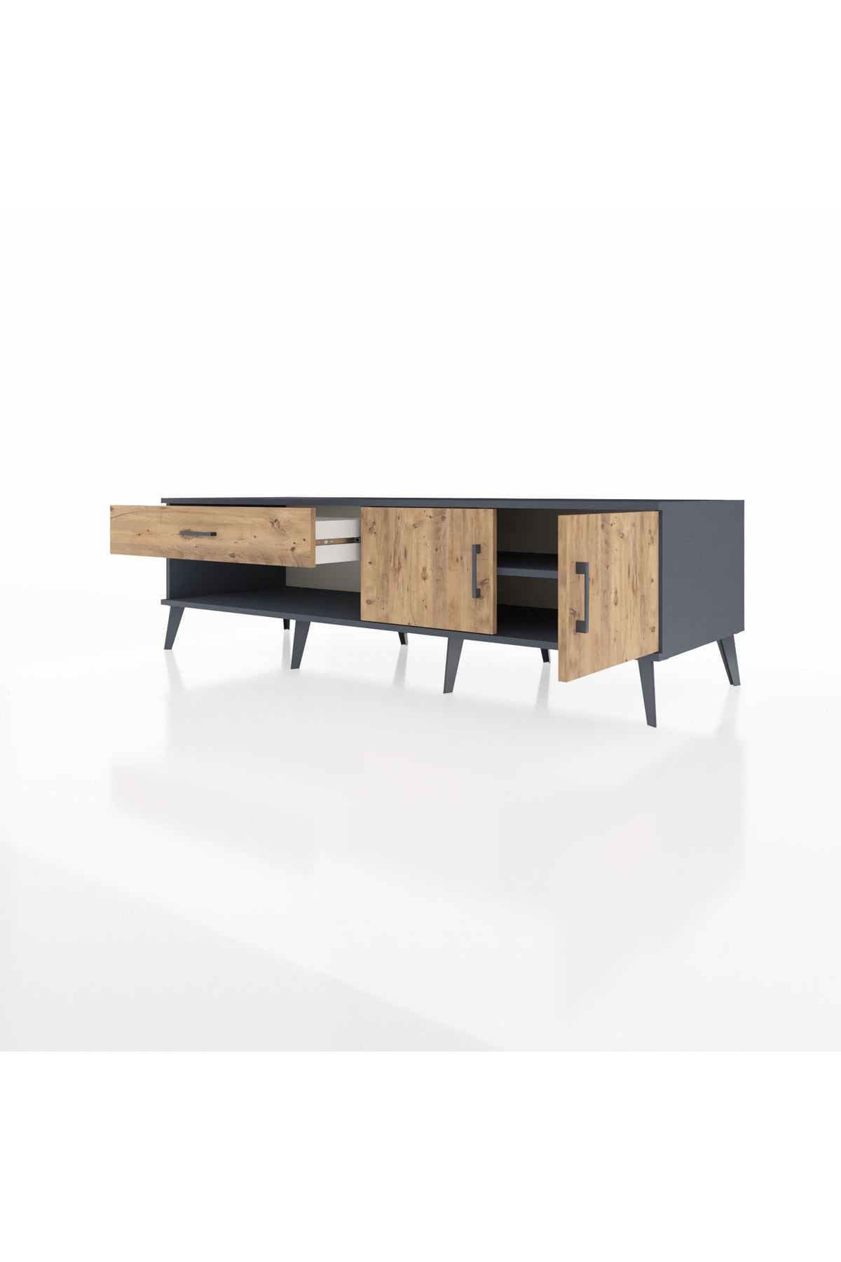 Kronos TV Ünitesi Tek Raflı Tek Çekmeceli 2 Kapaklı 176x59x51 Antrasit-Çam/Çam