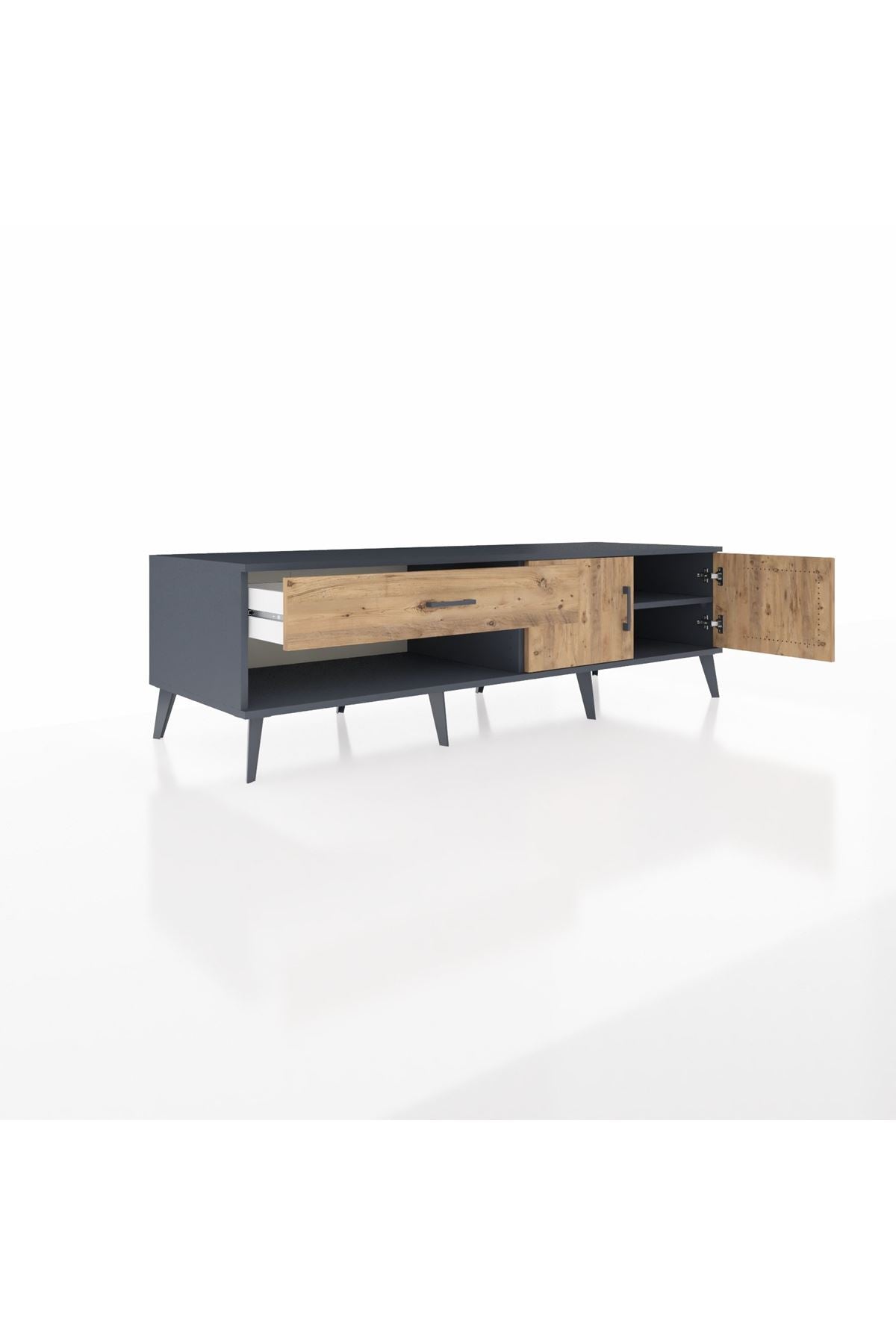 Kronos TV Ünitesi Tek Raflı Tek Çekmeceli 2 Kapaklı 176x59x51 Antrasit-Çam/Çam