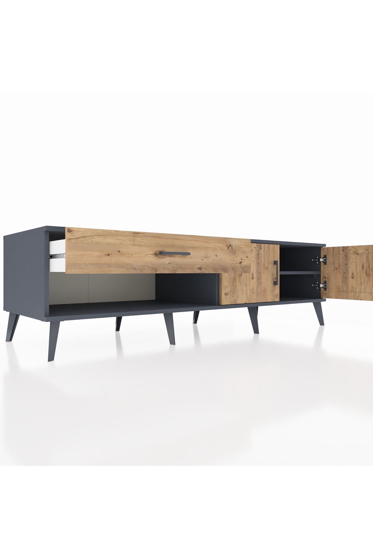 Kronos TV Ünitesi Tek Raflı Tek Çekmeceli 2 Kapaklı 176x59x51 Antrasit-Çam/Çam