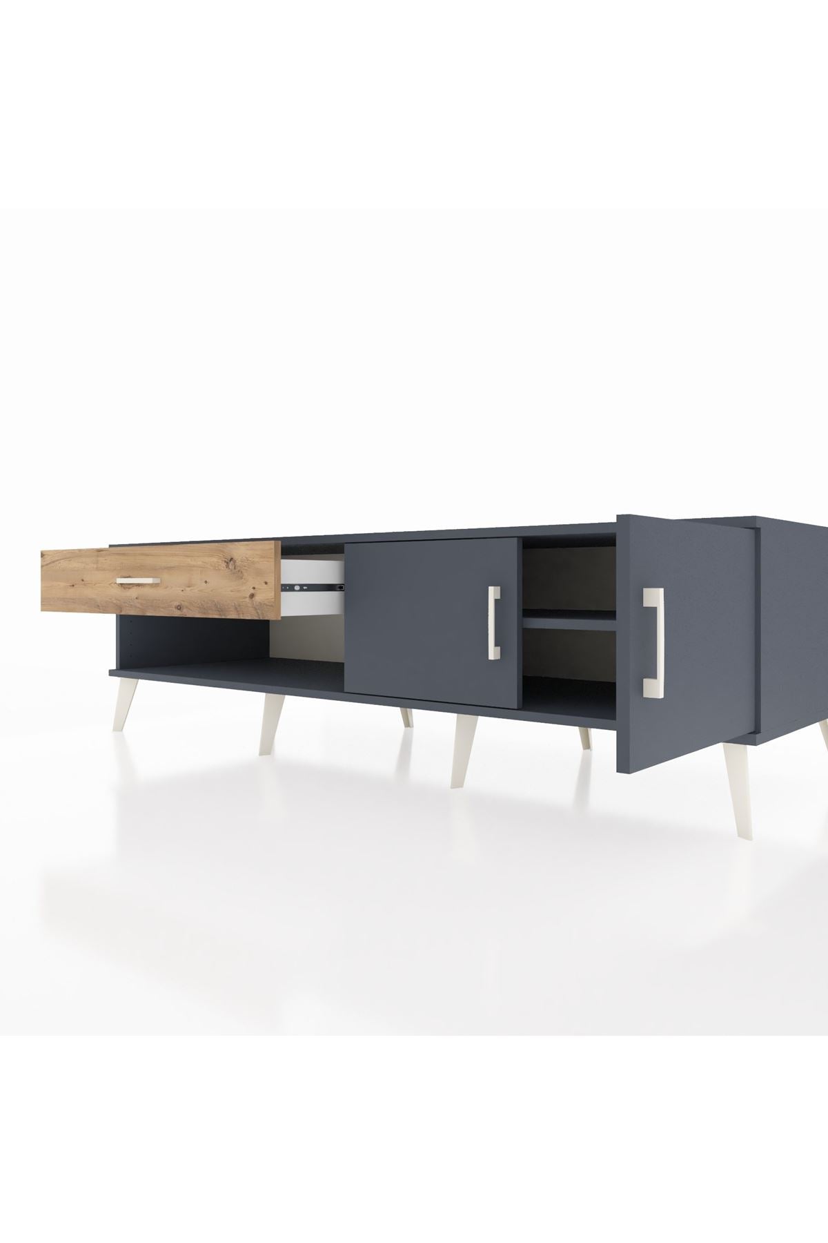 Kronos TV Ünitesi Tek Raflı Tek Çekmeceli 2 Kapaklı 176x59x51 Antrasit-Antrasit/Çam