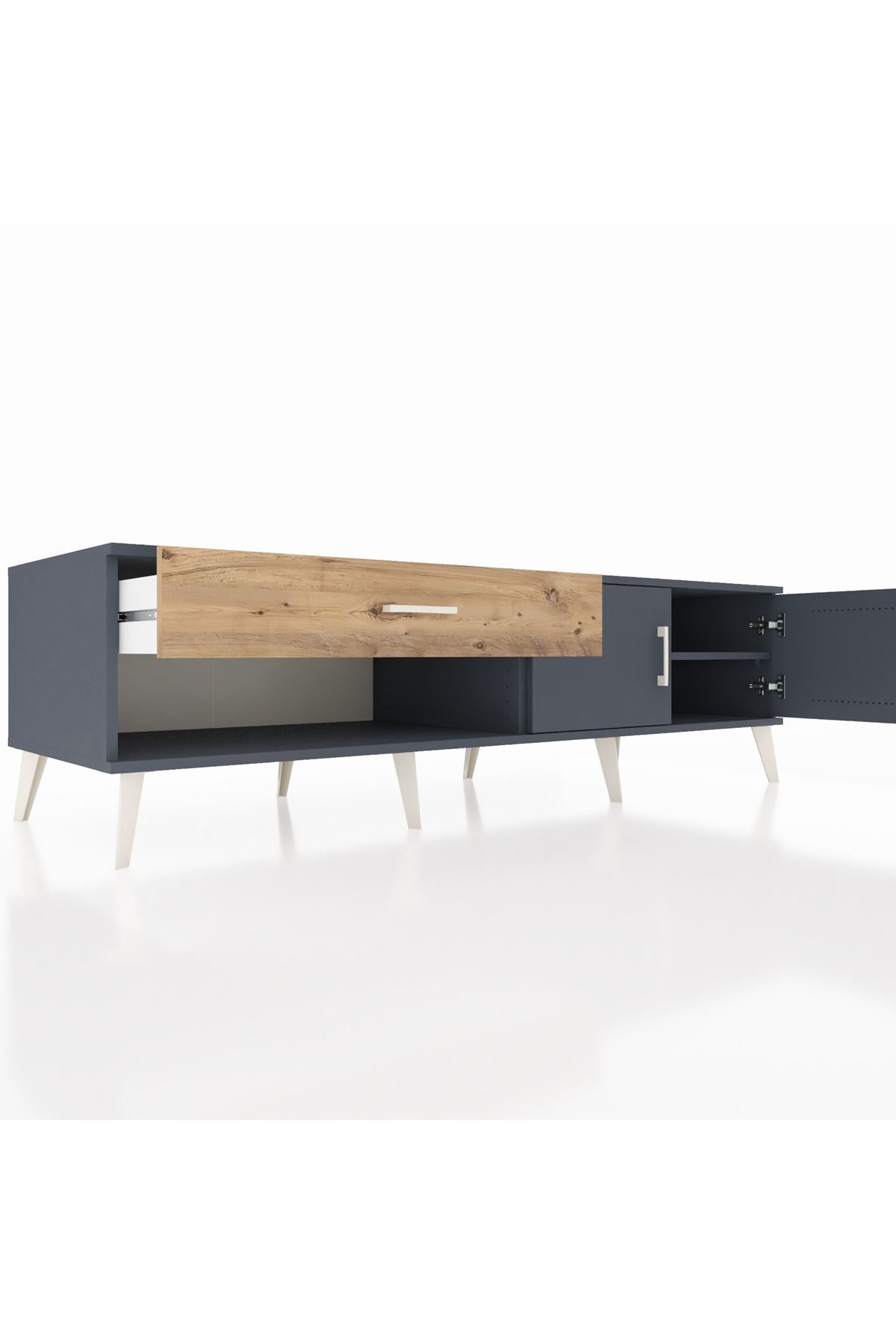 Kronos TV Ünitesi Tek Raflı Tek Çekmeceli 2 Kapaklı 176x59x51 Antrasit-Antrasit/Çam