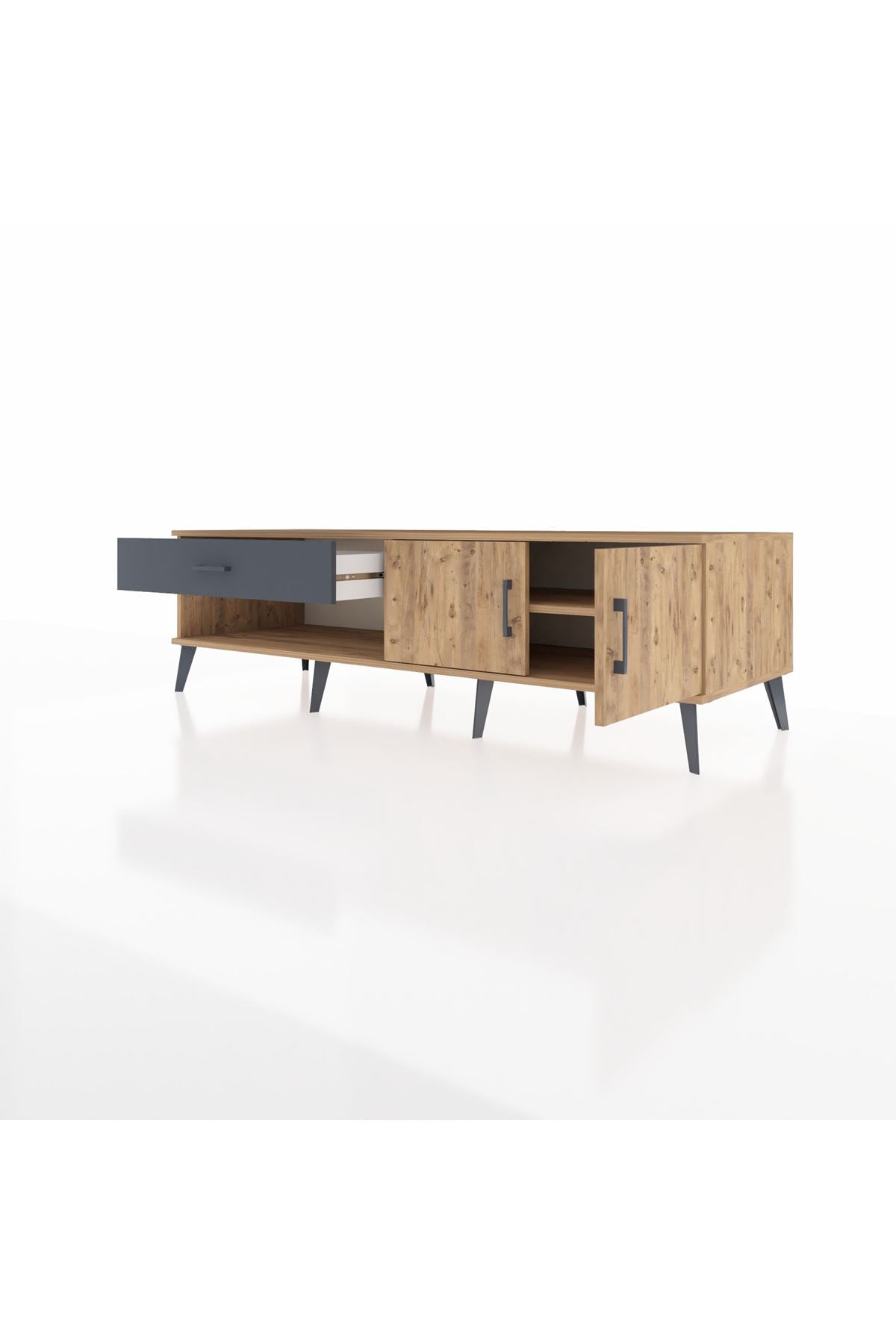 Kronos TV Ünitesi Tek Raflı Tek Çekmeceli 2 Kapaklı 176x59x51 Çam-Çam/Antrasit