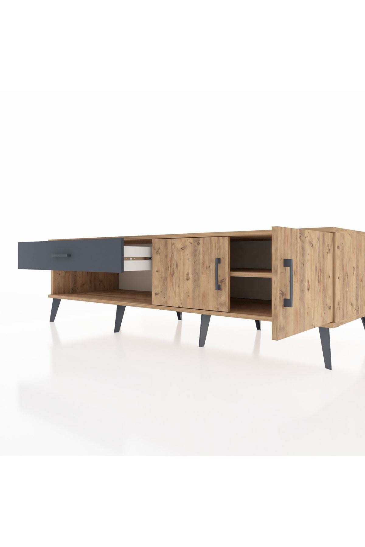 Kronos TV Ünitesi Tek Raflı Tek Çekmeceli 2 Kapaklı 176x59x51 Çam-Çam/Antrasit