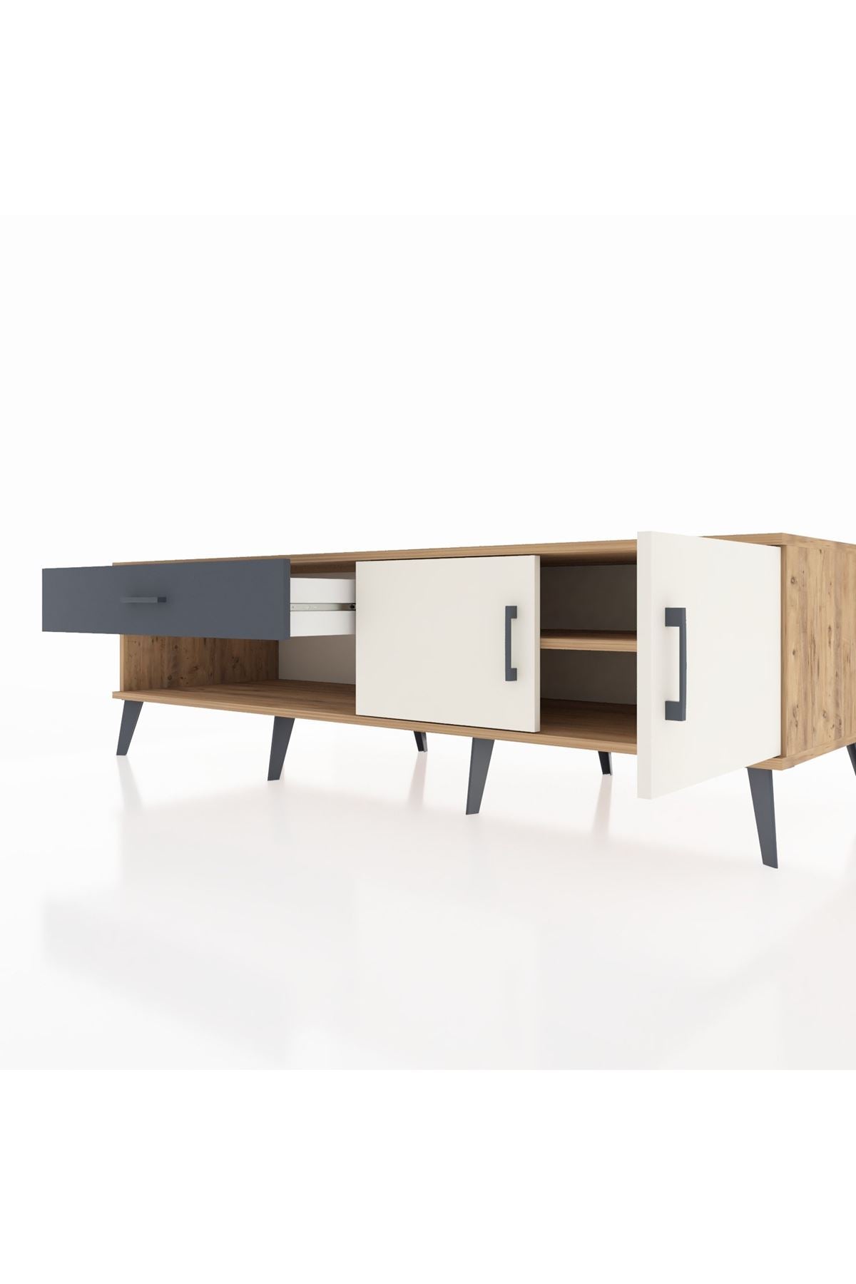 Kronos TV Ünitesi Tek Raflı Tek Çekmeceli 2 Kapaklı 176x59x51 Çam-Aytaşı/Antrasit