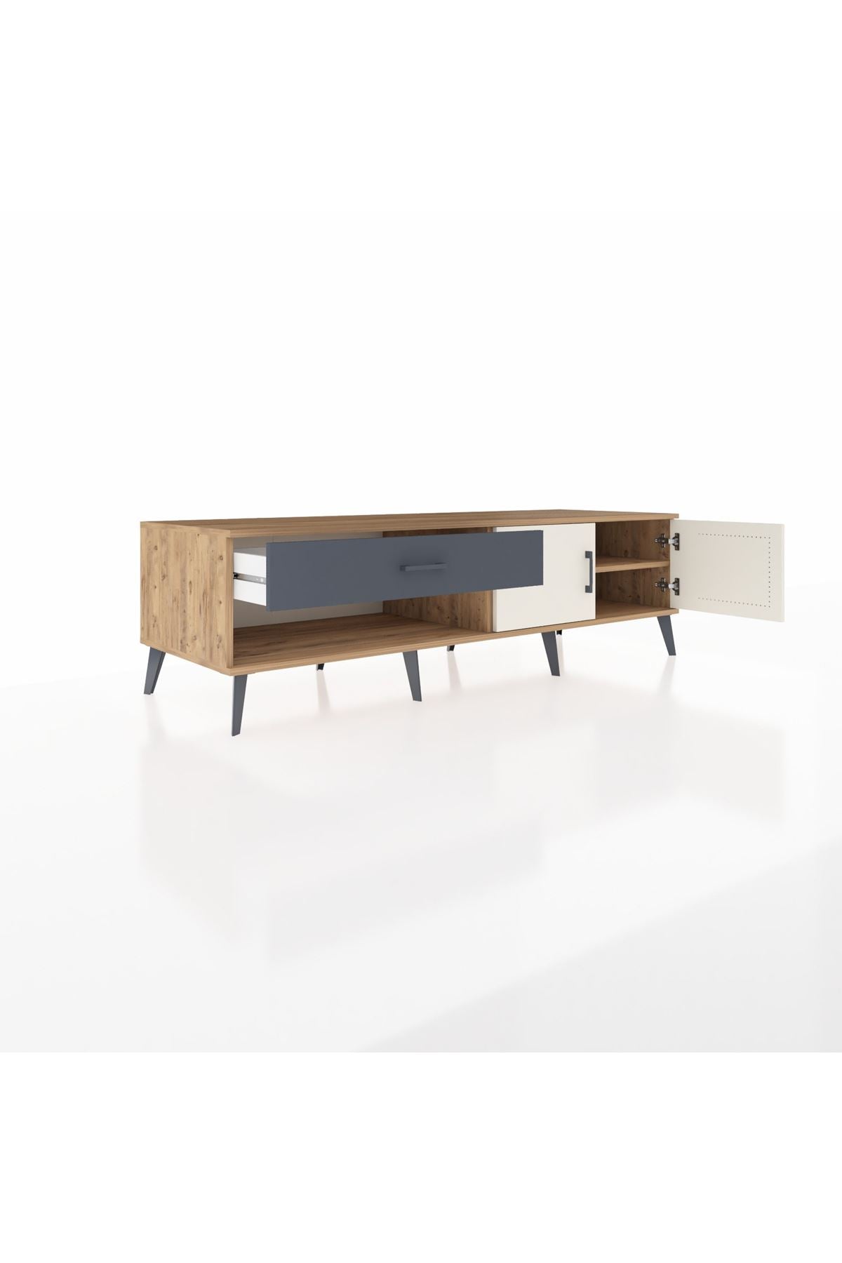 Kronos TV Ünitesi Tek Raflı Tek Çekmeceli 2 Kapaklı 176x59x51 Çam-Aytaşı/Antrasit