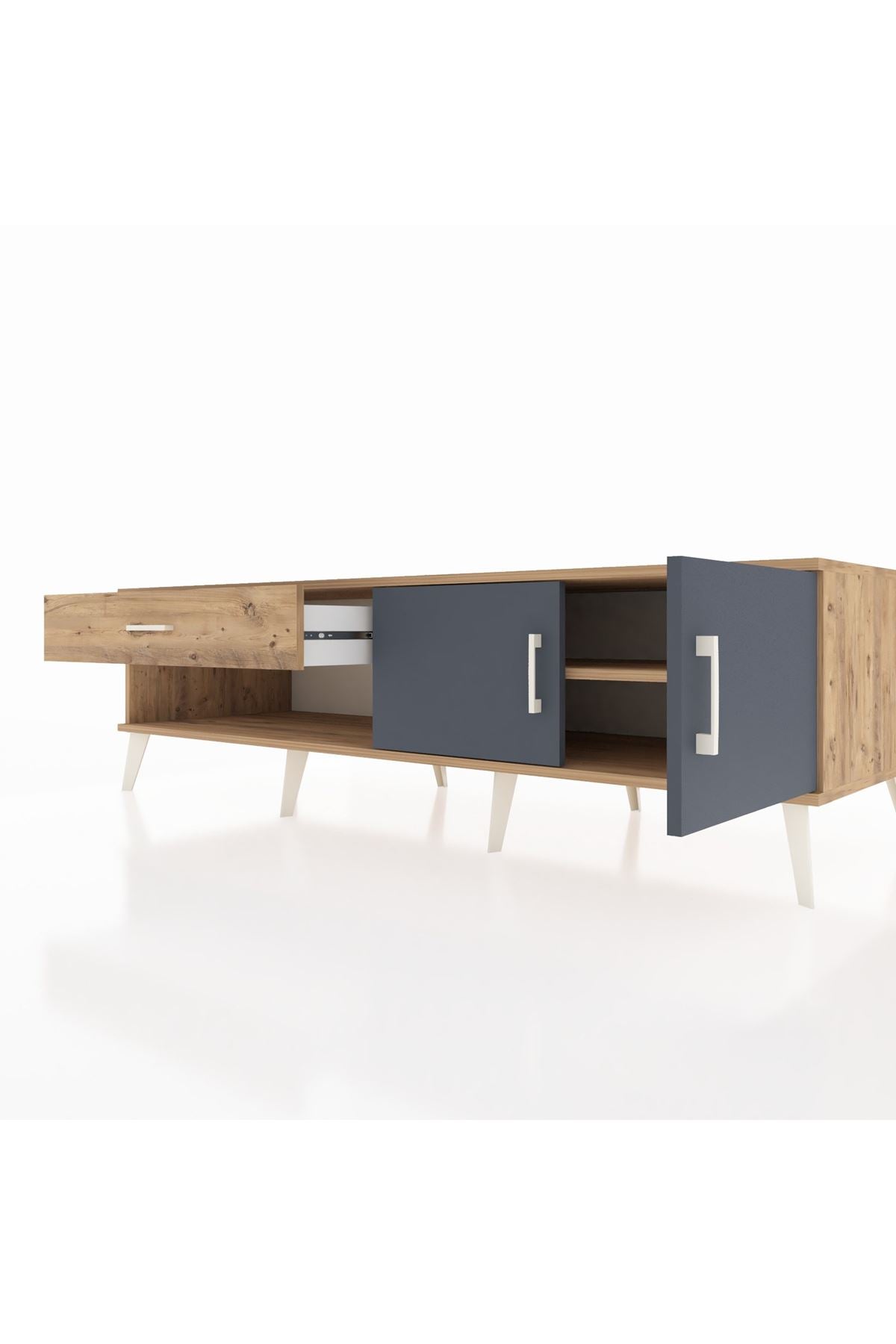 Kronos TV Ünitesi Tek Raflı Tek Çekmeceli 2 Kapaklı 176x59x51 Çam-Antrasit/Çam