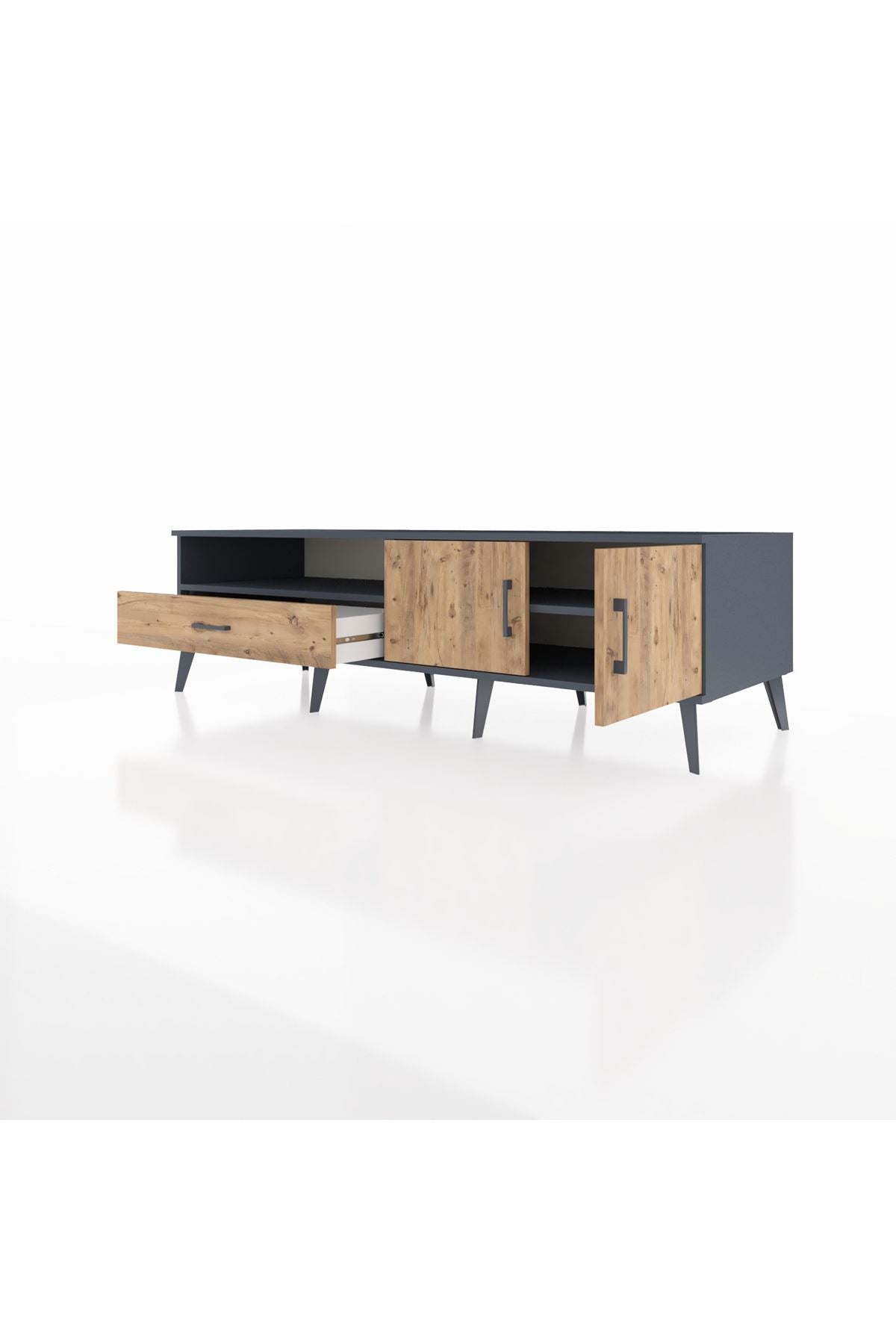 Kronos TV Ünitesi 2 Raflı Tek Çekmeceli 2 Kapaklı 176x59x51 Antrasit-Çam/Çam