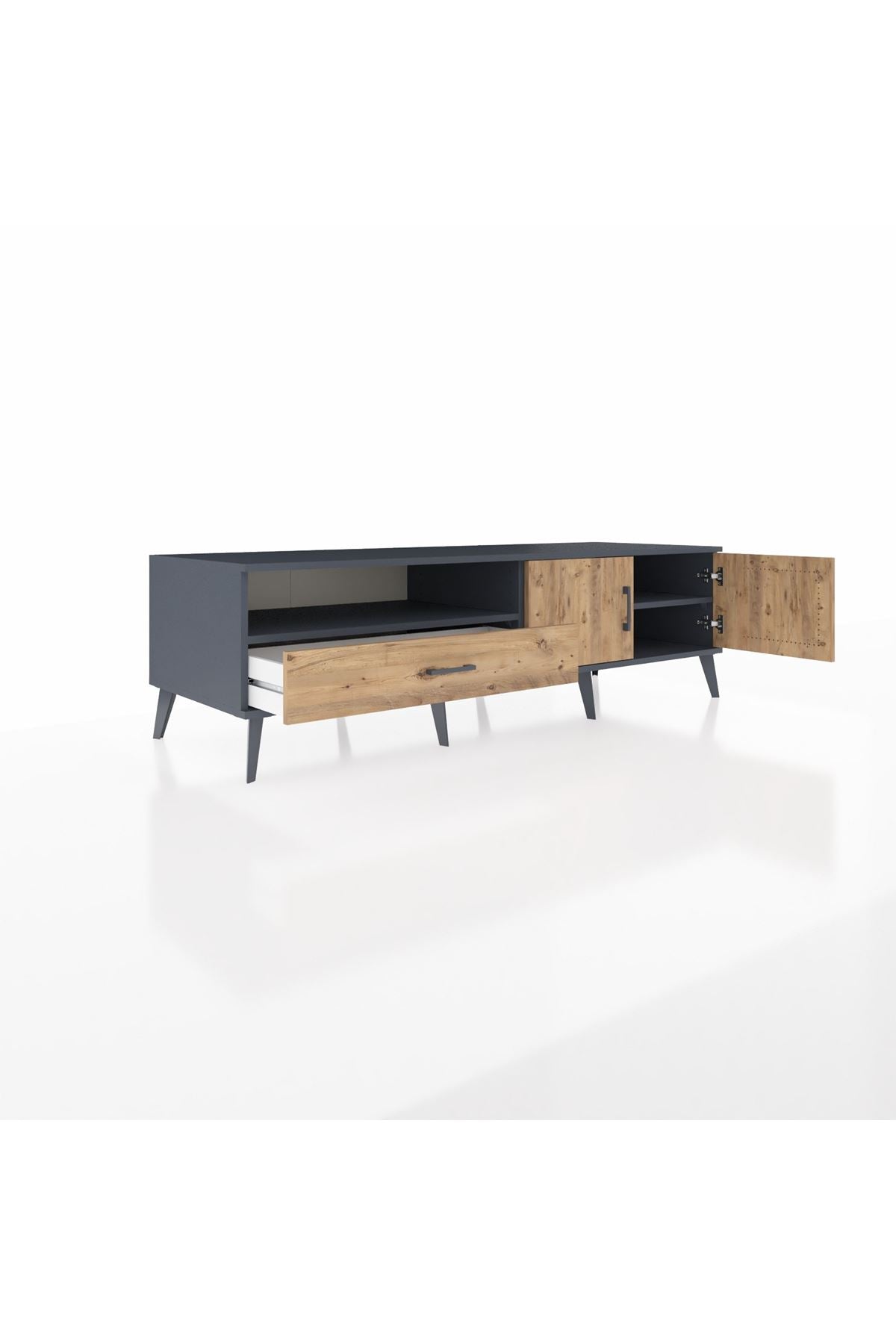 Kronos TV Ünitesi 2 Raflı Tek Çekmeceli 2 Kapaklı 176x59x51 Antrasit-Çam/Çam