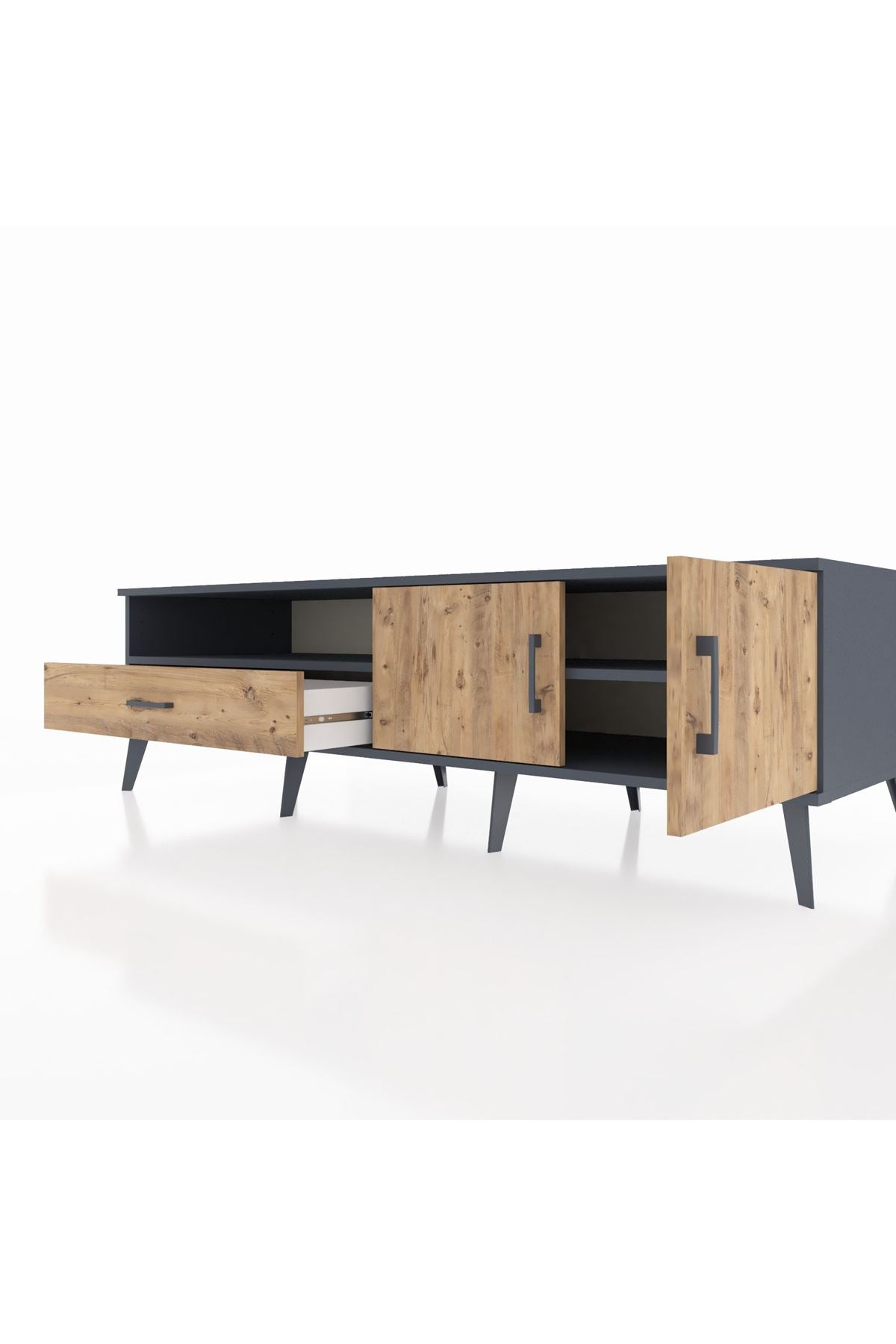 Kronos TV Ünitesi 2 Raflı Tek Çekmeceli 2 Kapaklı 176x59x51 Antrasit-Çam/Çam