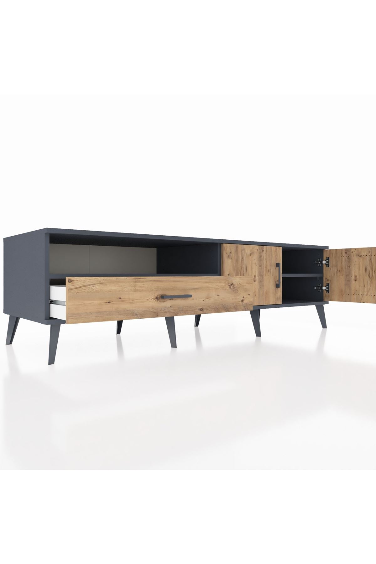 Kronos TV Ünitesi 2 Raflı Tek Çekmeceli 2 Kapaklı 176x59x51 Antrasit-Çam/Çam