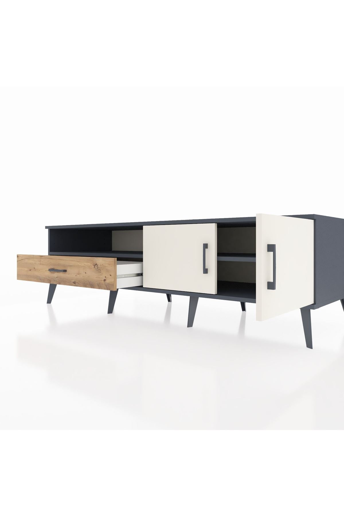 Kronos TV Ünitesi 2 Raflı Tek Çekmeceli 2 Kapaklı 176x59x51 Antrasit-Aytaşı/Çam