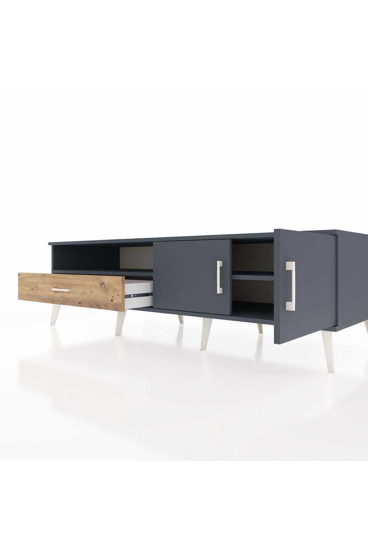 Kronos TV Ünitesi 2 Raflı Tek Çekmeceli 2 Kapaklı 176x59x51 Antrasit-Antrasit/Çam