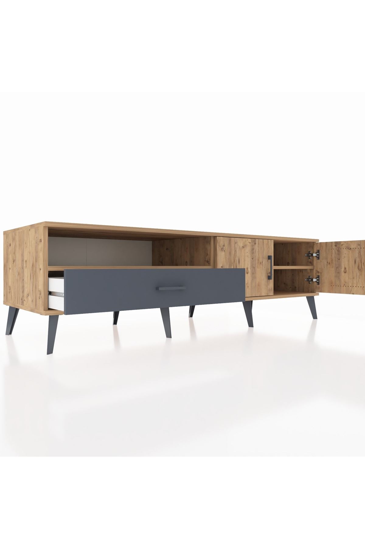 Kronos TV Ünitesi 2 Raflı Tek Çekmeceli 2 Kapaklı 176x59x51 Çam-Çam/Antrasit