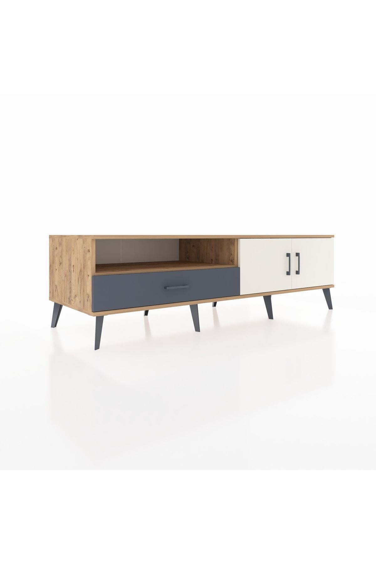 Kronos TV Ünitesi 2 Raflı Tek Çekmeceli 2 Kapaklı 176x59x51 Çam-Aytaşı/Antrasit