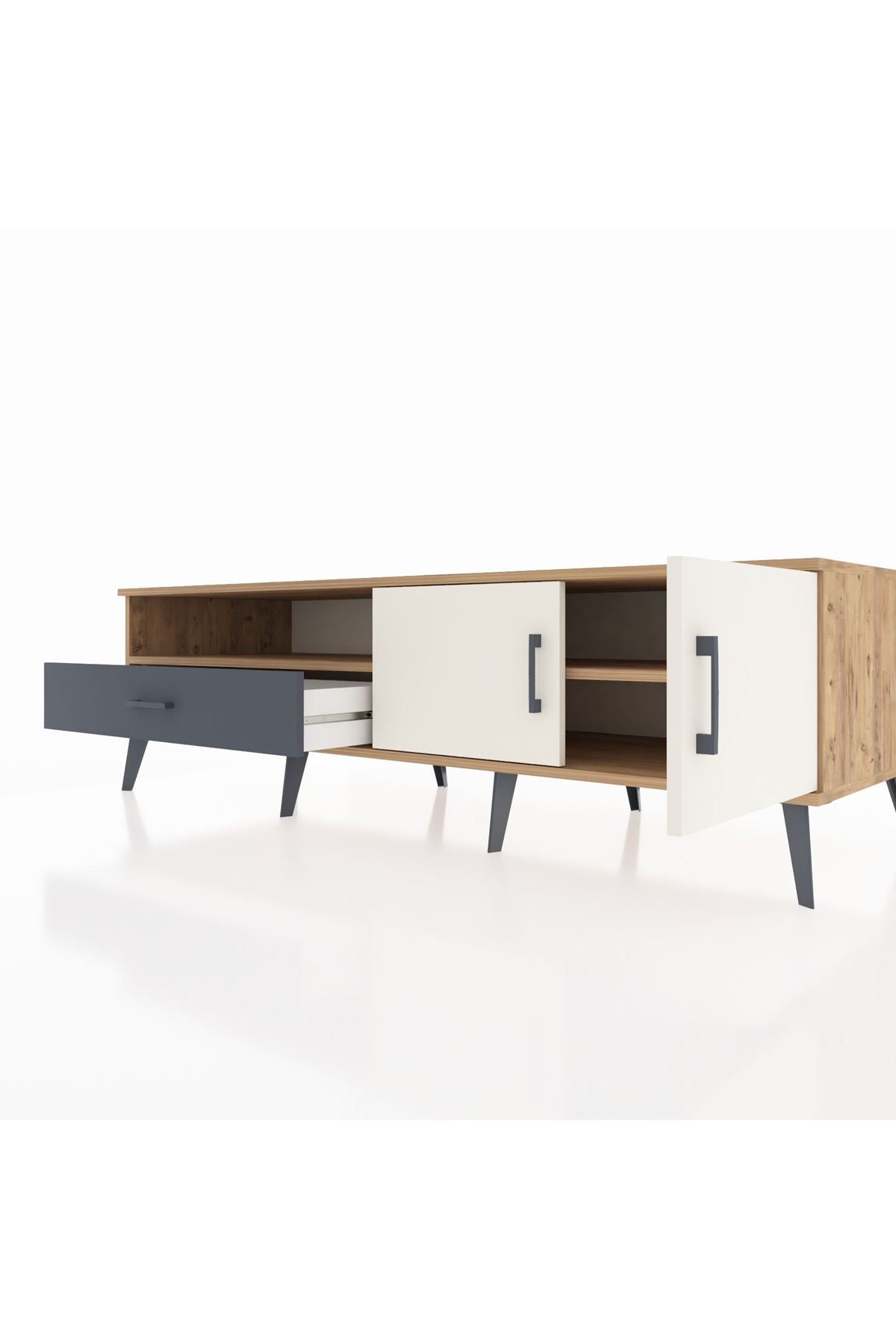 Kronos TV Ünitesi 2 Raflı Tek Çekmeceli 2 Kapaklı 176x59x51 Çam-Aytaşı/Antrasit