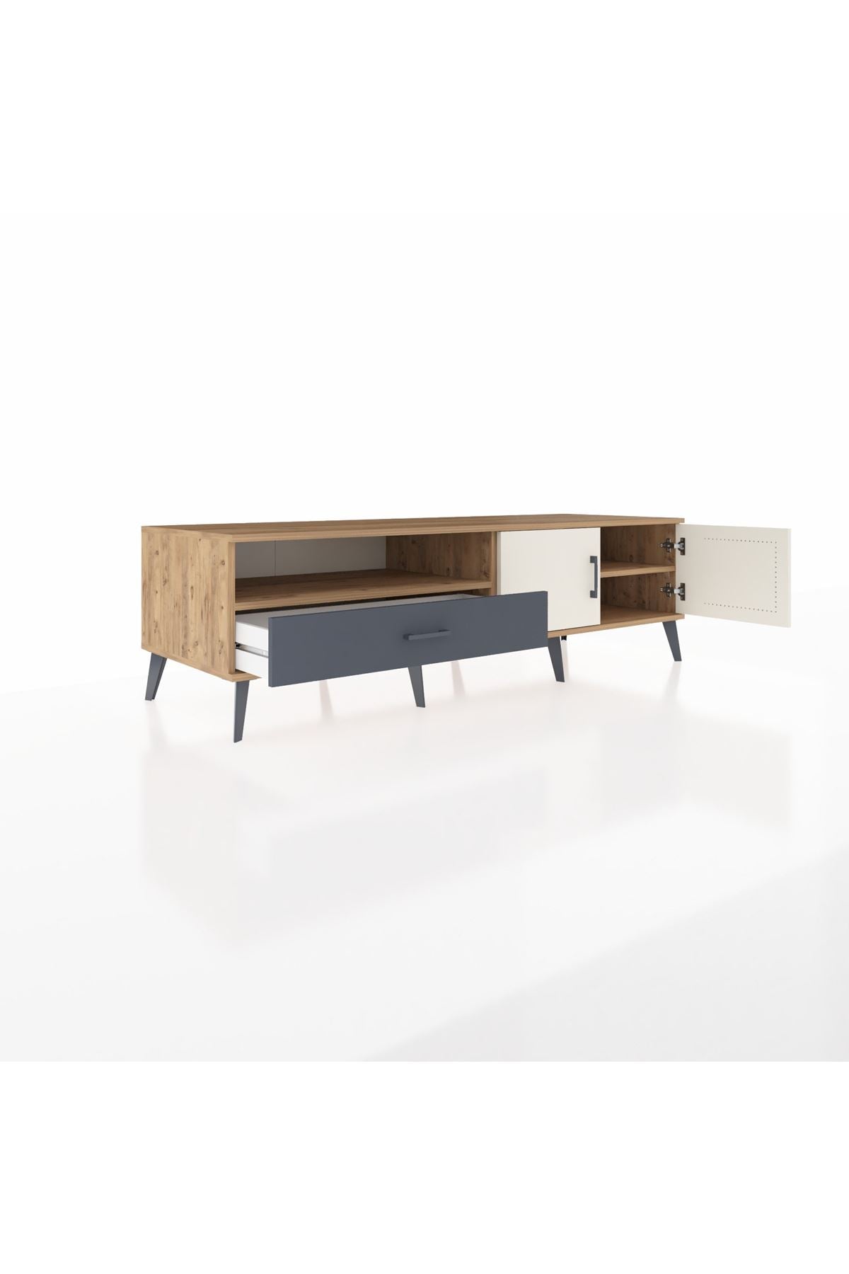 Kronos TV Ünitesi 2 Raflı Tek Çekmeceli 2 Kapaklı 176x59x51 Çam-Aytaşı/Antrasit