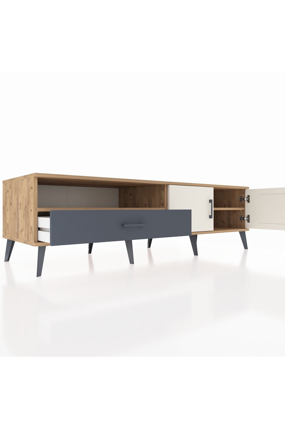 Kronos TV Ünitesi 2 Raflı Tek Çekmeceli 2 Kapaklı 176x59x51 Çam-Aytaşı/Antrasit