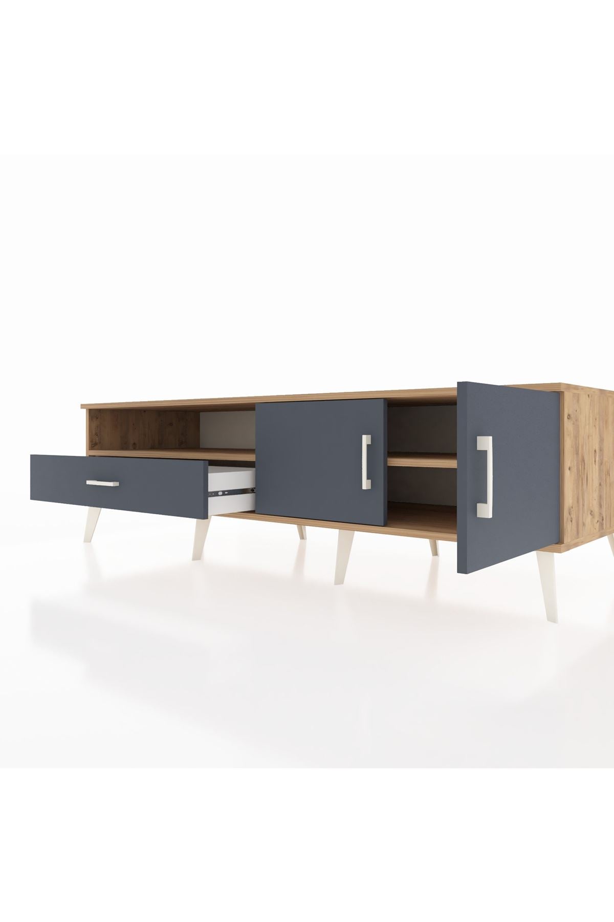 Kronos TV Ünitesi 2 Raflı Tek Çekmeceli 2 Kapaklı 176x59x51 Çam-Antrasit/Antrasit