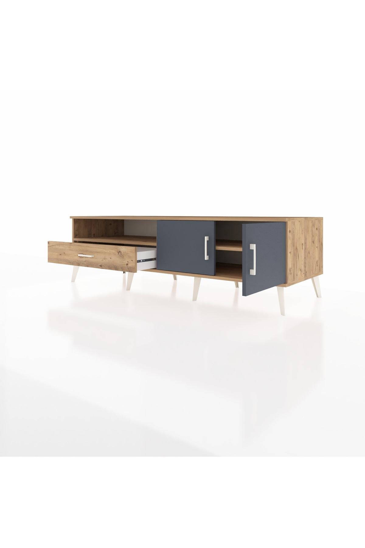 Kronos TV Ünitesi 2 Raflı Tek Çekmeceli 2 Kapaklı 176x59x51 Çam-Antrasit/Çam