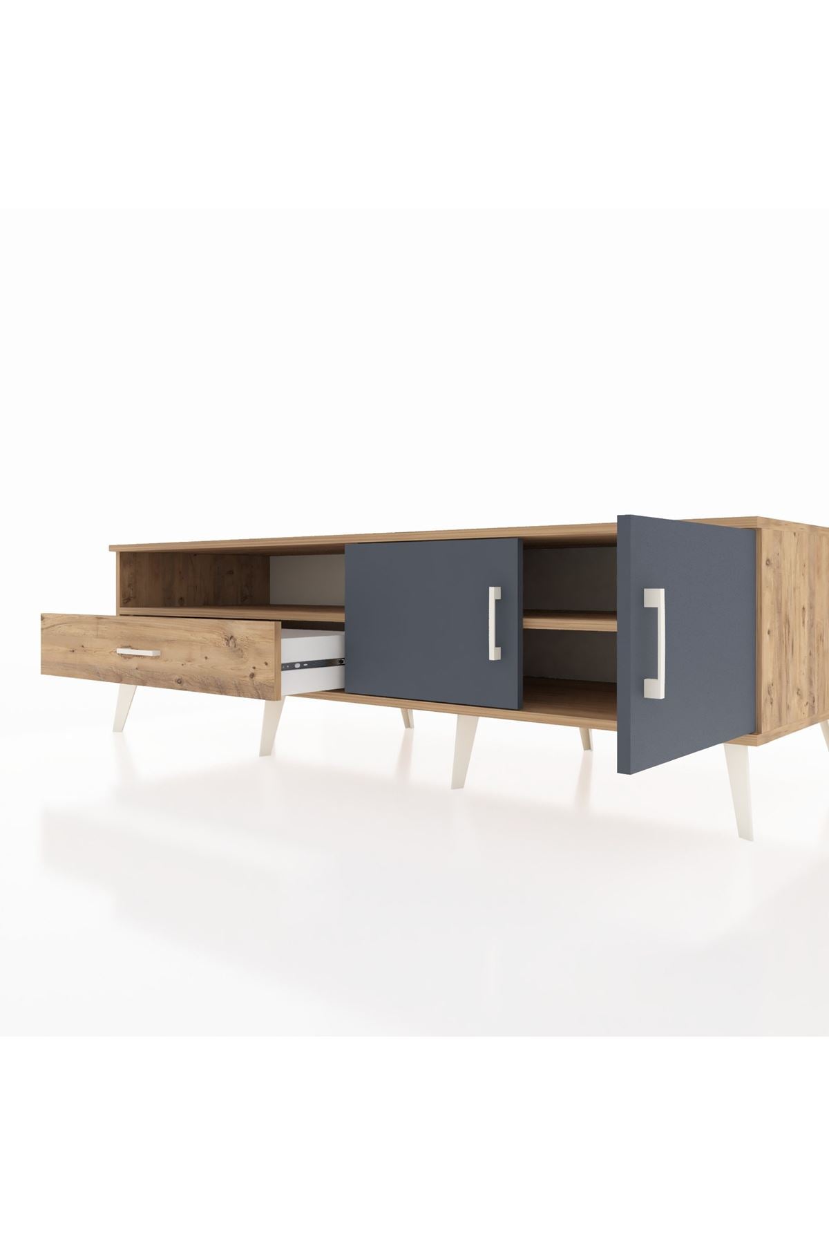 Kronos TV Ünitesi 2 Raflı Tek Çekmeceli 2 Kapaklı 176x59x51 Çam-Antrasit/Çam