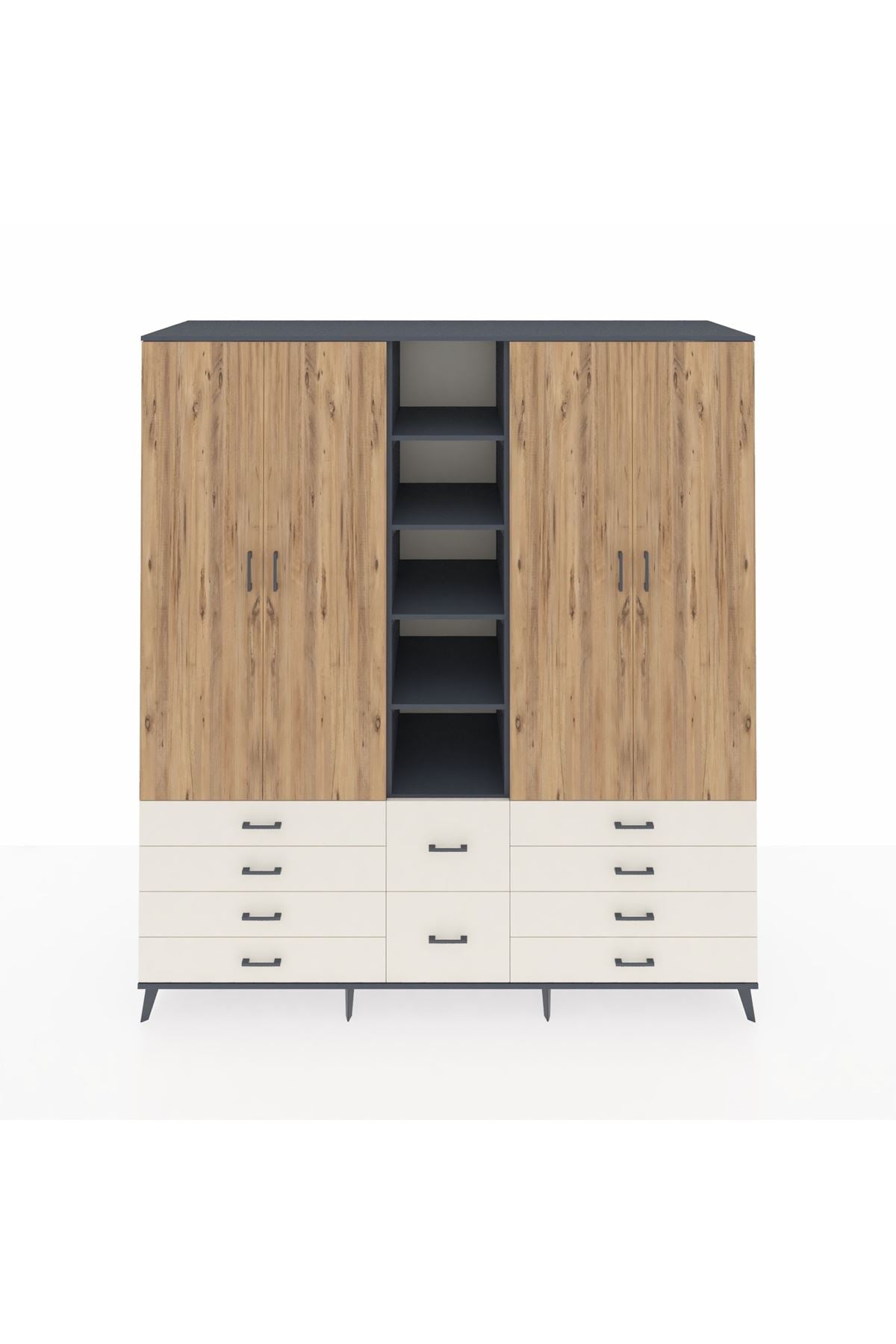 Kronos Dolap 9 Raflı 10 Çekmeceli 2 Askılı 220x59x243 Antrasit-Çam/Aytaşı