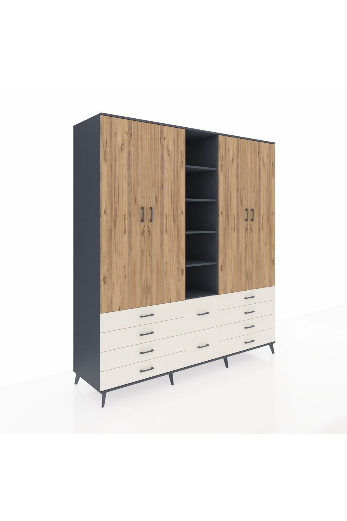 Kronos Dolap 9 Raflı 10 Çekmeceli 2 Askılı 220x59x243 Antrasit-Çam/Aytaşı