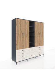 Kronos Dolap 9 Raflı 10 Çekmeceli 2 Askılı 220x59x243 Antrasit-Çam/Aytaşı