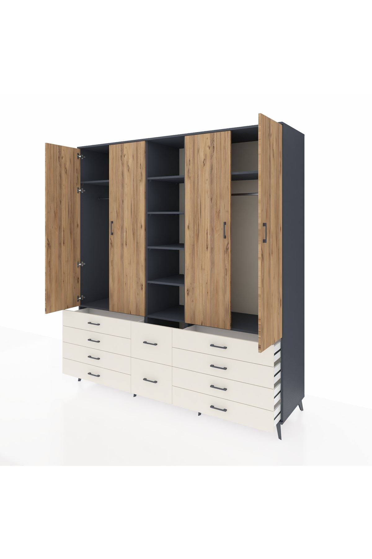 Kronos Dolap 9 Raflı 10 Çekmeceli 2 Askılı 220x59x243 Antrasit-Çam/Aytaşı