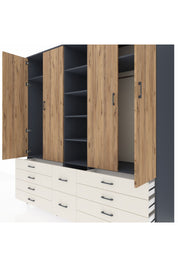 Kronos Dolap 9 Raflı 10 Çekmeceli 2 Askılı 220x59x243 Antrasit-Çam/Aytaşı
