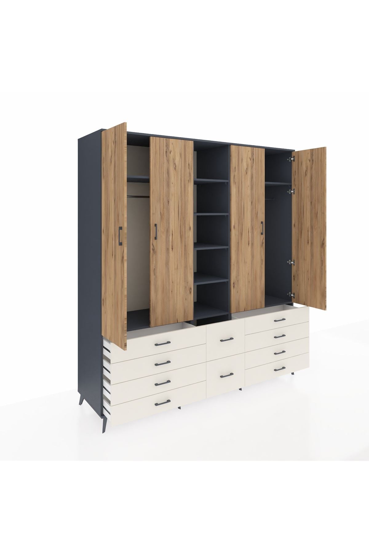 Kronos Dolap 9 Raflı 10 Çekmeceli 2 Askılı 220x59x243 Antrasit-Çam/Aytaşı