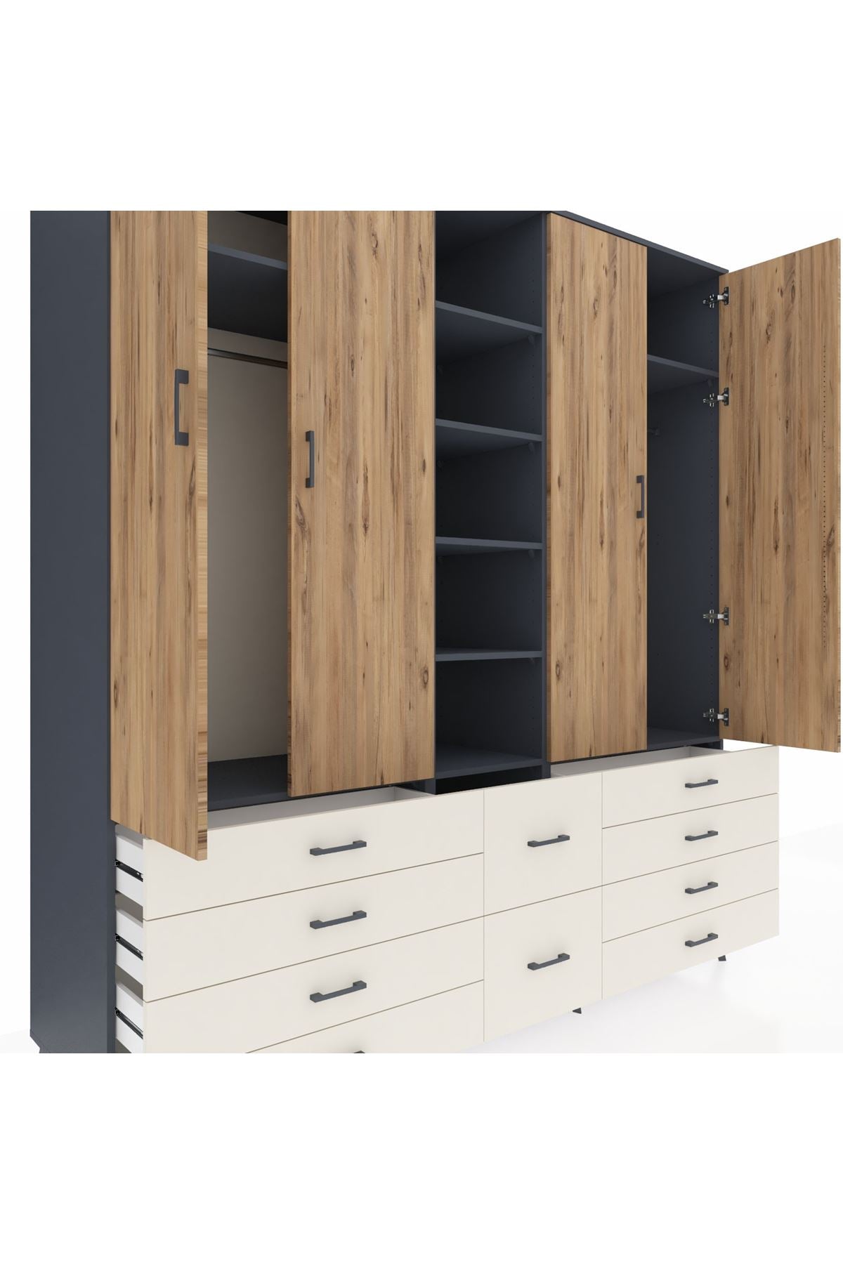 Kronos Dolap 9 Raflı 10 Çekmeceli 2 Askılı 220x59x243 Antrasit-Çam/Aytaşı