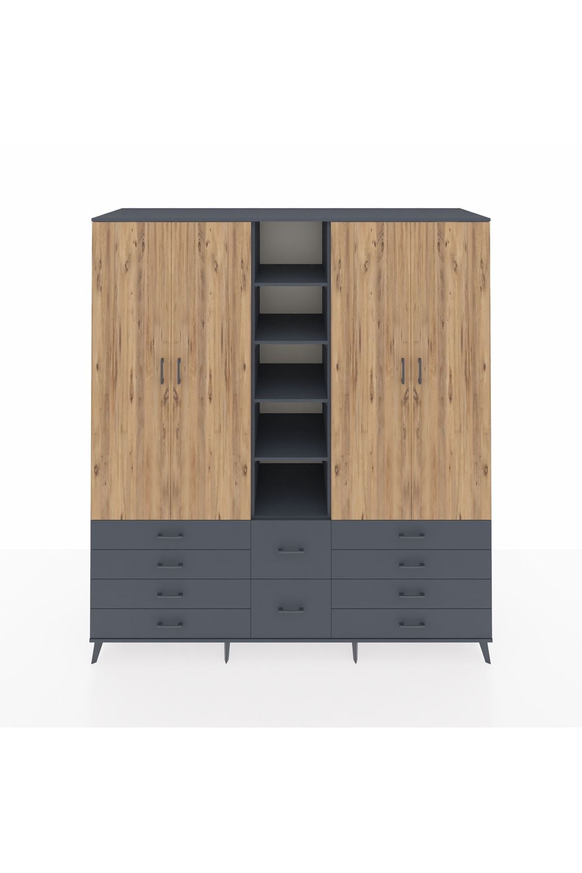 Kronos Dolap 9 Raflı 10 Çekmeceli 2 Askılı 220x59x243 Antrasit-Çam/Antrasit