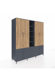 Kronos Dolap 9 Raflı 10 Çekmeceli 2 Askılı 220x59x243 Antrasit-Çam/Antrasit